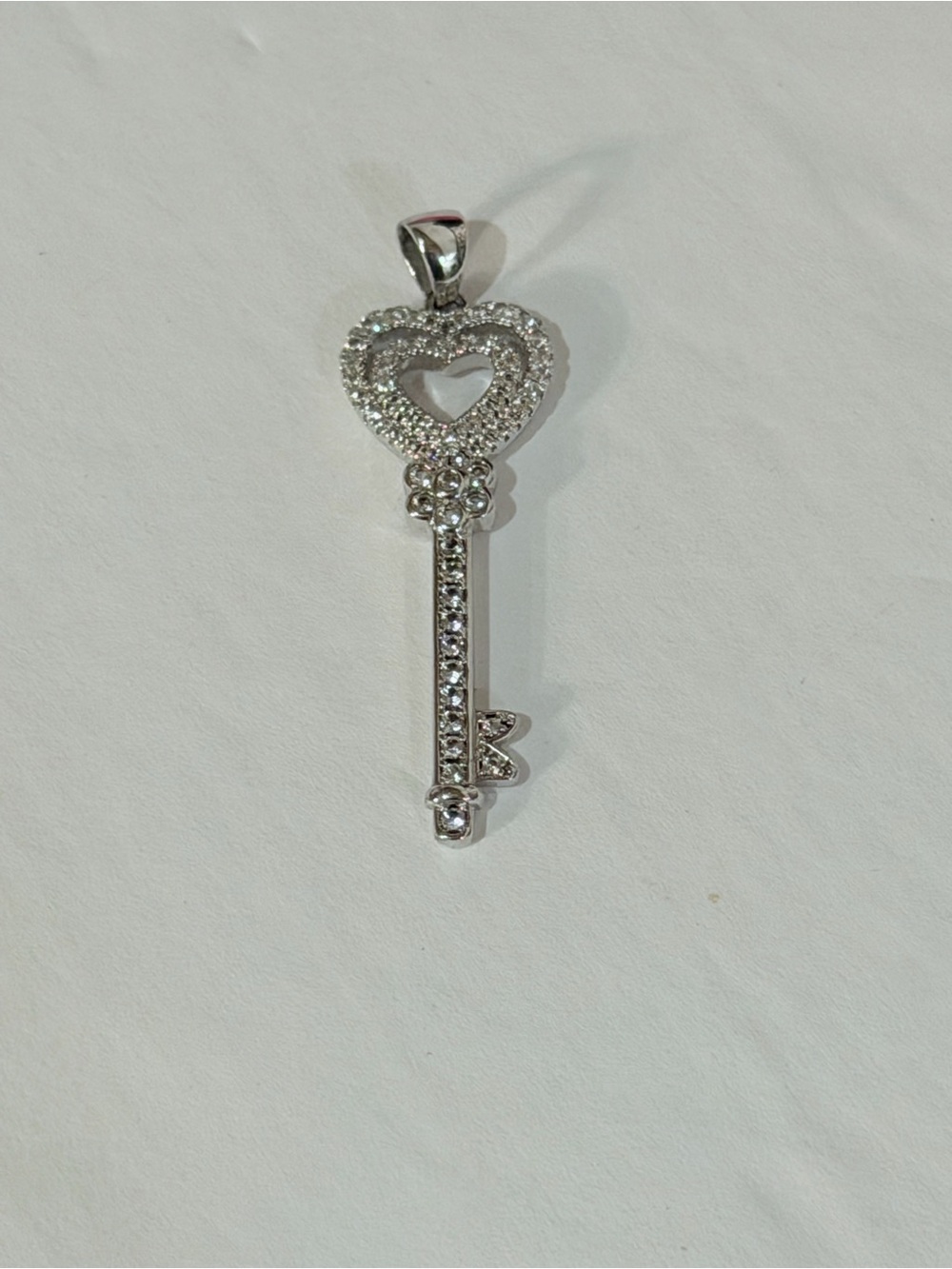 Silver Heart Key Pendant Necklace - Sparkling Diamond Accent